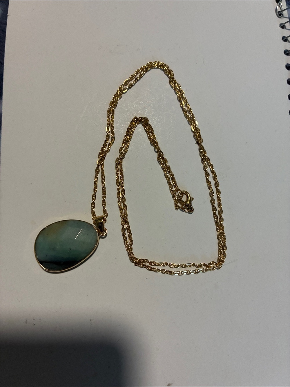 Gold Chain Necklace with Blue-Green Stone Pendant
